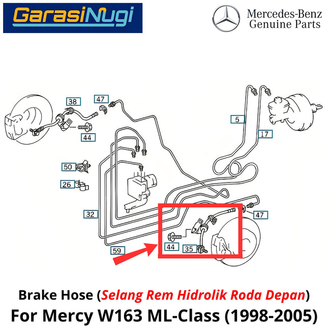 Front Brake Mercy W163 Hose Selang Rem 1634202248 Mercedes ML