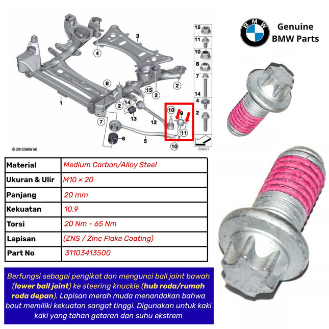 Ball Joint Bolt Original BMW E83 F25 F26 Baut Pengunci Hub Roda Depan 31103413500 X3 X4