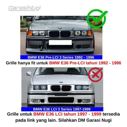BMW E36 Pre-LCI Grill Kidney Hidung Double Slat Glossy Black 1992-1996