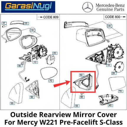 Outside Mirror Mercy W221 Pre-Facelift Cover Bingkai Kaca Spion Mercedes S300