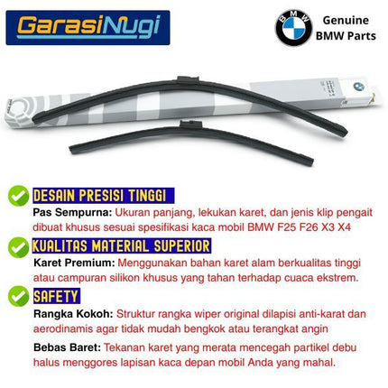 Wiper Frameless BMW F25 F26 Kaca Depan Original BMW X3 X4 Setir Kanan RHD Sepasang