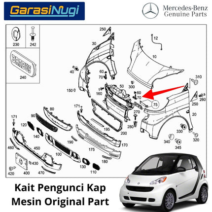 Kait Pengunci Kap Mesin Smart Fortwo W451 Hood Latch Original 2007 - 2015