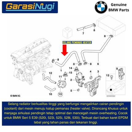 Selang Pemanas Heater BMW E39 Inlet Hose Mesin M52 M54 Original 64218378368 520 525