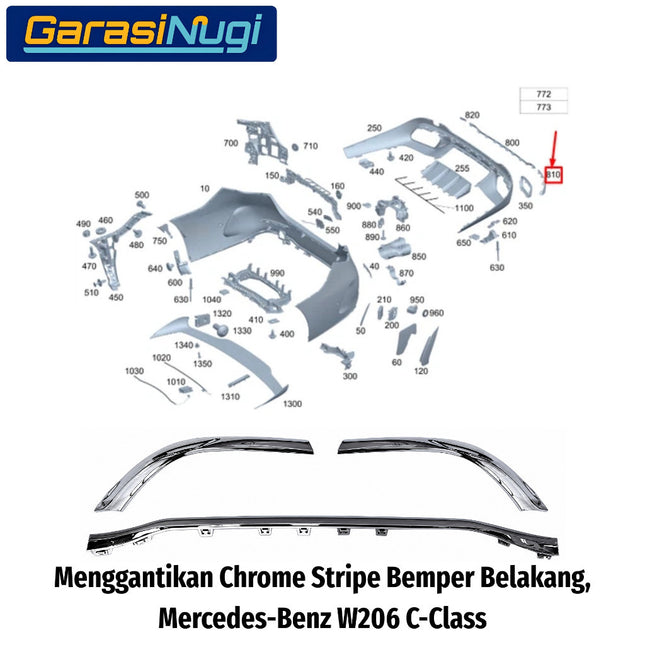 Chrome Stripe Mercy W206 Garnish Molding Krom Dan Hitam Glossy Bemper Belakang Mercedes C200 C300