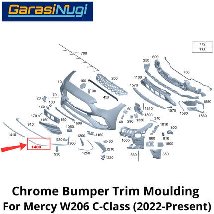 Chrome Lip Mercy W206 Spoiler Trim Bumper Depan Molding Mercedes C200 2021-2025