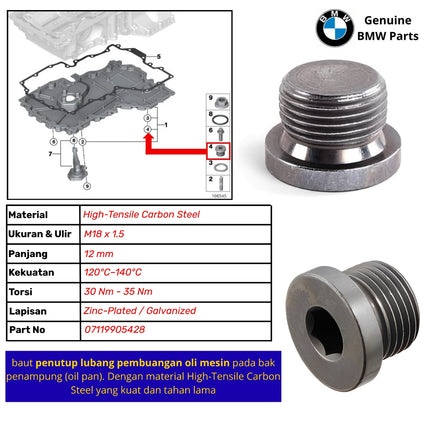 Baut Pembuangan Oli Mesin BMW N62 N63 N13  Original 07119905428 Screw Plug M18 x 1.5