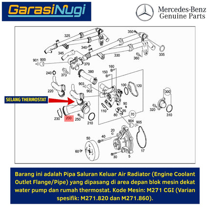 Selang Pipa Thermostat M271 CGI Mercedes W204 W212 R172 Sambungan Waterpump Hose Original C180 C200 E200 E250