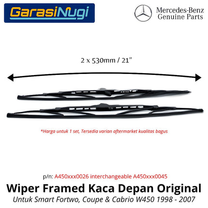 Wiper Framed Smart Fortwo Coupe Cabrio W450 Front Window Kaca Depan Original 1998 - 2007