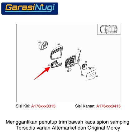 Mercedes W176 W246 W117 Penutup Trim Bawah Kaca Spion Mirror Covering Panel A180 B180