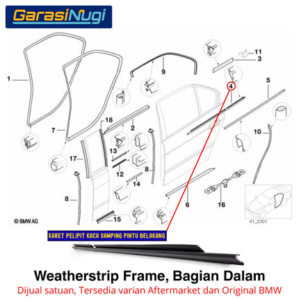 Weatherstrip BMW E39 Karet Lis Pelipit Pintu Kaca Belakang Bagian Dalam Inner Cover Frame Original 520 528