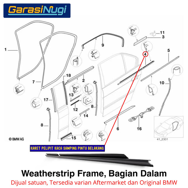 Weatherstrip BMW E39 Karet Lis Pelipit Pintu Kaca Belakang Bagian Dalam Inner Cover Frame Original 520 528