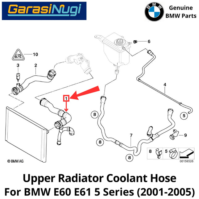 Upper Radiator For BMW E60 E61 Coolant Hose Selang Pendingin Radiator Atas 525 530 2001-2005