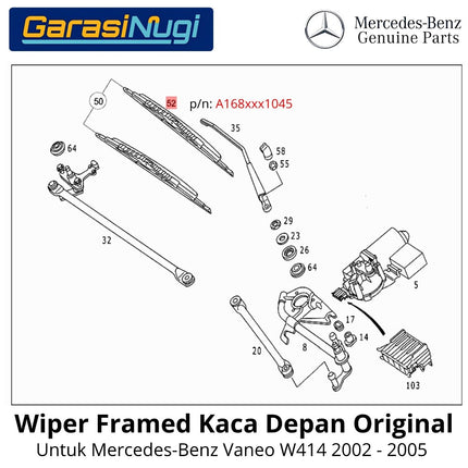 Mercedes Vaneo Wiper Framed Bracketed Front Window Kaca Depan Original W414 2002 - 2005