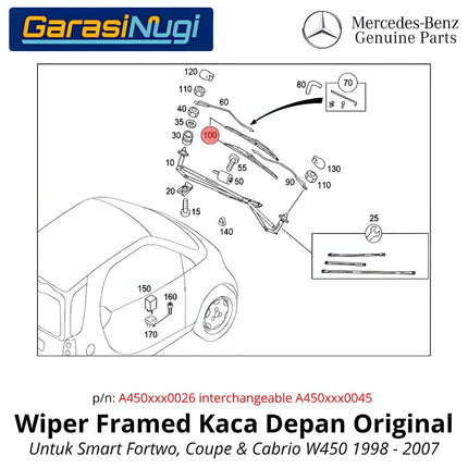 Wiper Framed Smart Fortwo Coupe Cabrio W450 Front Window Kaca Depan Original 1998 - 2007