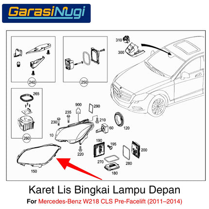 Mercedes W218 Karet Lis Bingkai Lampu Depan Seal Frame Front Headlamp CLS