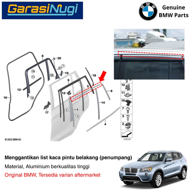 List Kaca Pintu Aluminium BMW F25 Window Frame Rear Door Bingkai Pintu Belakang X3