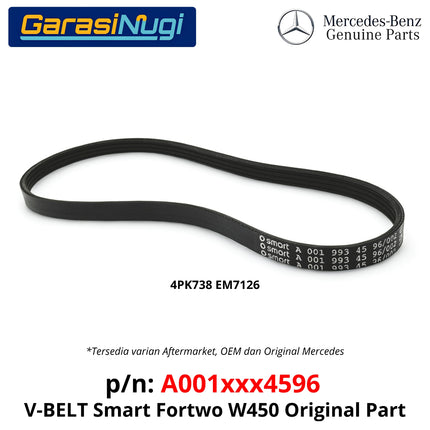 Fan Belt Smart Fortwo W451 V-Belt Tali Pengencang Pulley 0019934596 M132 Original Part 4PK738 2007 - 2015