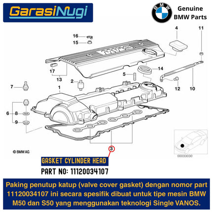 Gasket Valve Cover BMW M50 S50 E34 E36 Paking Penutup Klep Original Single VANOS 11120034107 320 520