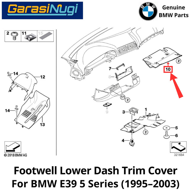 Footwell Lower For BMW E39 Dashboard Trim Panel Penutup Bawah Dasbor Sisi Penumpang 525 530 (1995-2003)