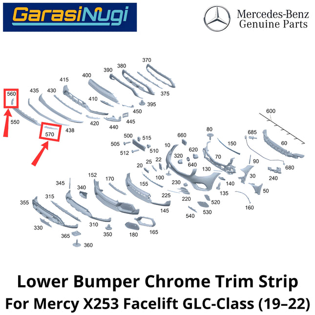 Lower Bumper Mercy X253 Lip Chrome Trim Strip Molding Bumper Depan Bawah Mercedes GLC