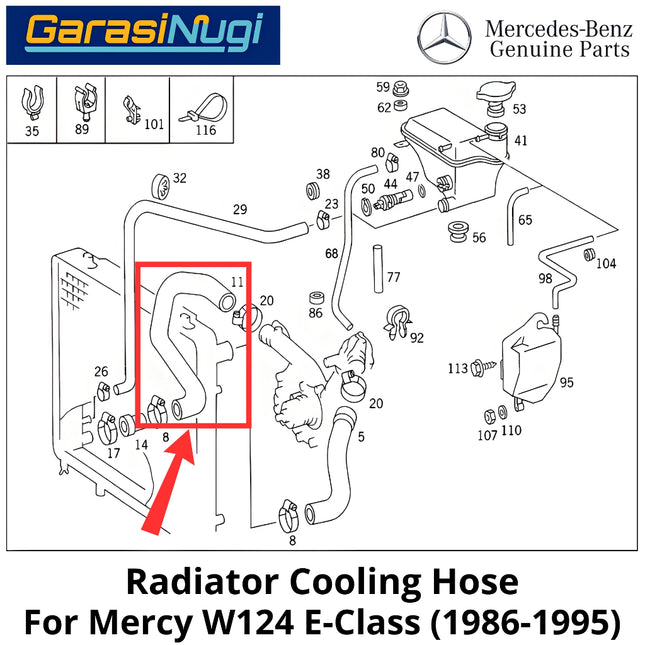 Radiator Cooling Mercy W124 Hose Selang Pipa Pendingin Bawah Mercedes E230 E300 Engine M102