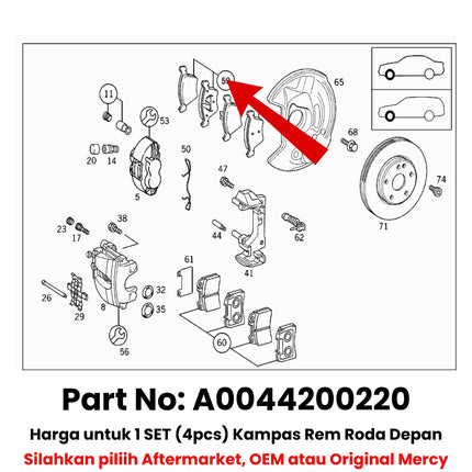Front Brake Pads Mercedes W202 W203 W120 Kampas Rem Depan Original 0044200220