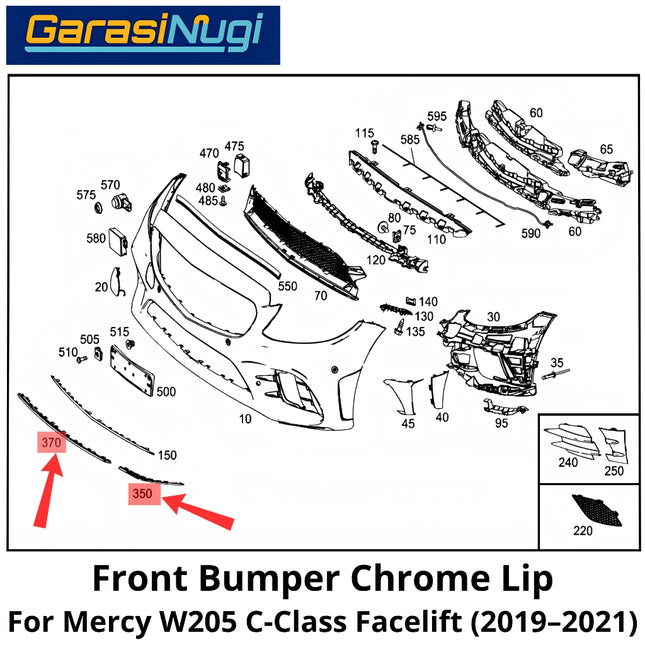Chrome Lip Mercy W205 Facelift Spoiler Trim Bumper Depan Molding Mercedes C200 C300