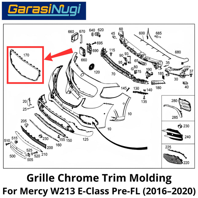 Grille Chrome Mercy W213 Pre-Facelift Trim Moulding Bumper Depan Molding Mercedes E200