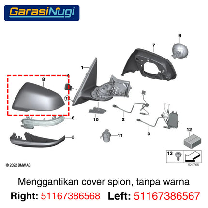 Penutup Kaca Spion BMW F48 F45 Outside Mirror Cover Cap Unprimed Bingkai Luar X1 218