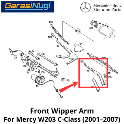 Front Wiper Arm Mercy W203 Gagang Blade Kaca Depan 2038200844 Original Mercedes C200