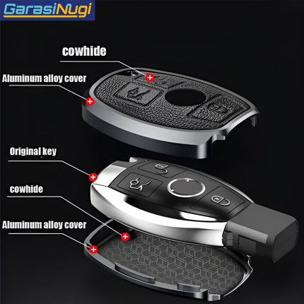 Key Case For Mercedes W212 Sarung Kunci Kulit Aluminium Leather Short Keychain
