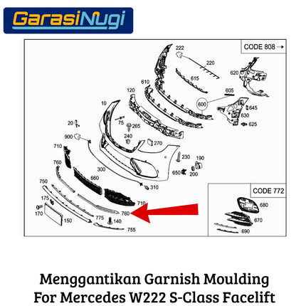 Chrome Stripe W222 Facelift Garnish Moulding Bemper Depan Belakang S450