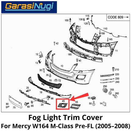 Fog Trim Mercy W164 Pre-Facelift Cover Chrome Lampu Kabut Grill Mercedes M ML 2005-2008