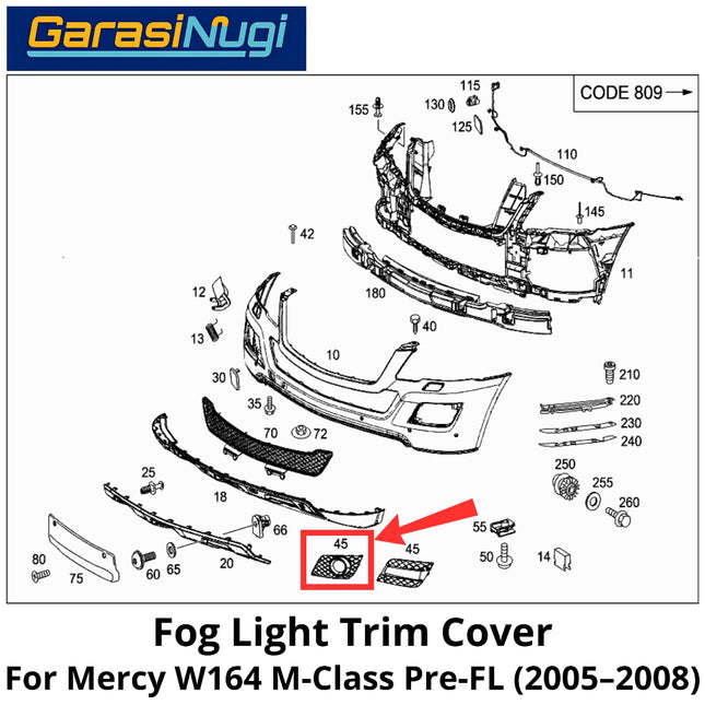 Fog Trim Mercy W164 Pre-Facelift Cover Chrome Lampu Kabut Grill Mercedes M ML 2005-2008