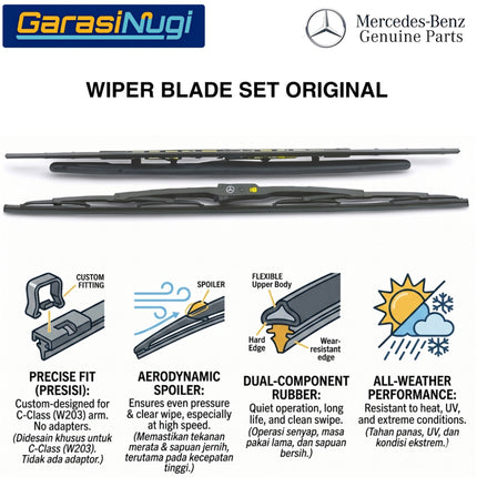 Mercedes W203 W209 Wiper Framed Bracketed Blade Set Aerodynamic Front Kaca Depan C200