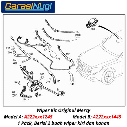 Mercedes W222 V222 Wiper Frameless Kit Original Kaca Depan Front Window S350 S400